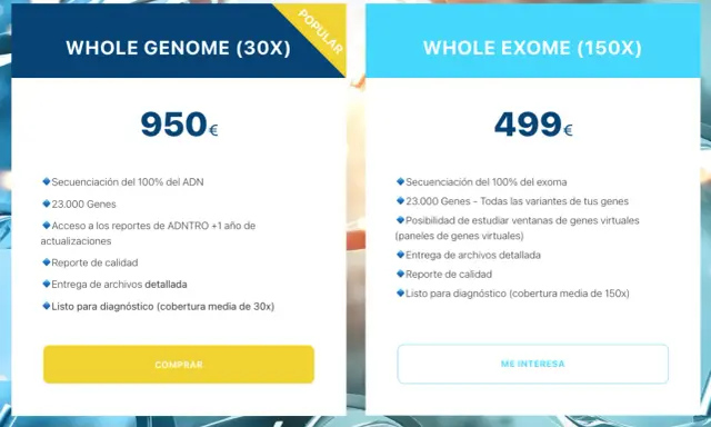 Comparativa de secuenciación del genoma completo y exoma. La secuenciación NGS ofrece análisis detallados de ADN y genes.