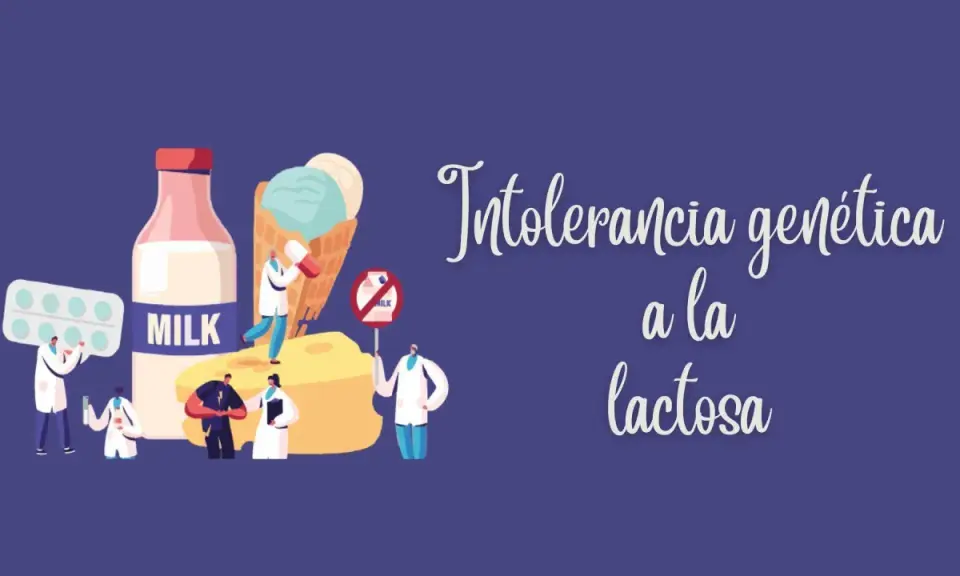 Ilustración que muestra que la intolerancia a la lactosa es hereditaria, con médicos y productos lácteos.