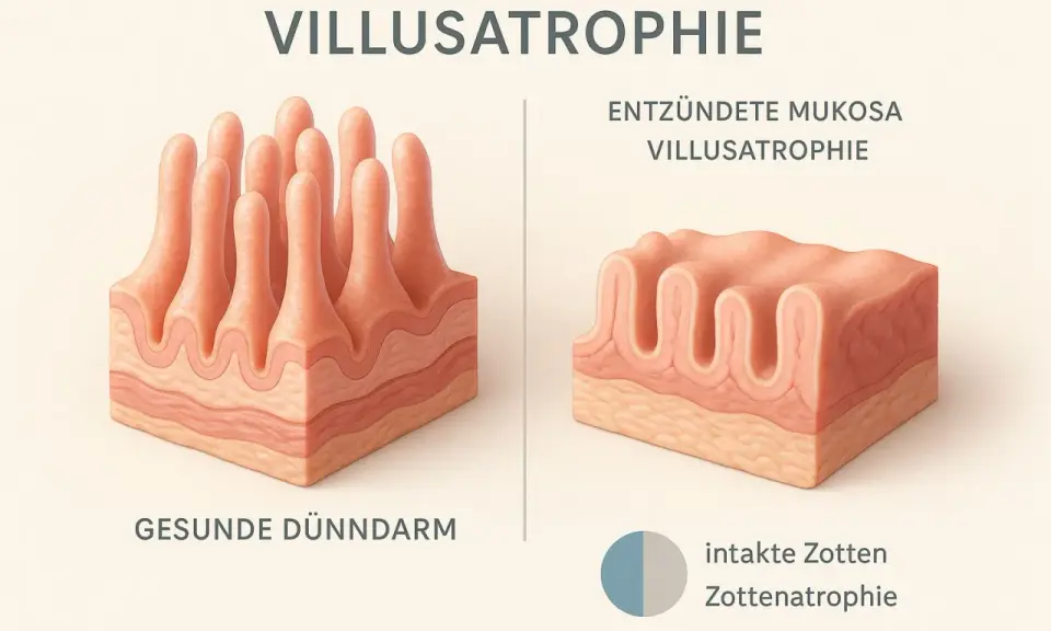 Comparación de vellosidades intestinales: sanas y atrofiadas. La atrofia vellositaria puede ser causada por la anti transglutaminasa.