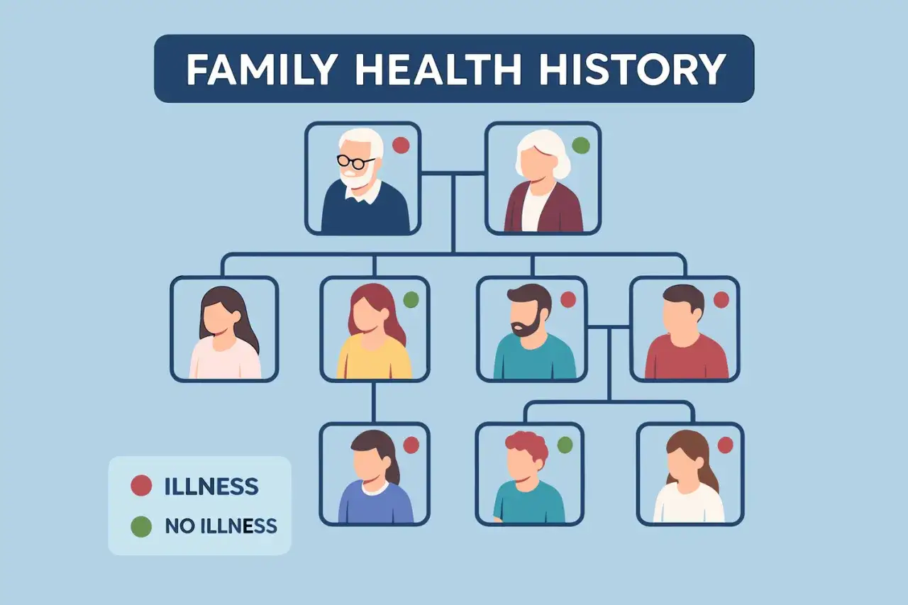 Árbol genealógico que muestra la historia de salud familiar, con puntos rojos indicando enfermedad, sugiriendo un posible lupus hereditario.