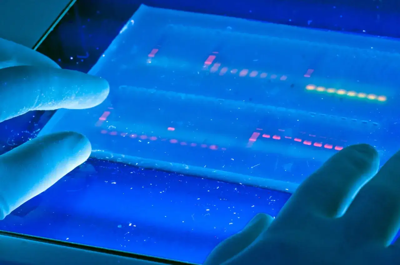 Manos enguantadas observan bandas de ADN fluorescentes en una placa, un ejemplo visual de que es la electroforesis.