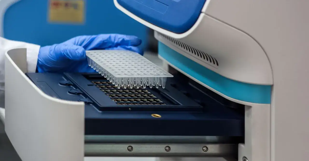 Mano enguantada inserta placa de pocillos en equipo de pcr laboratorio.
