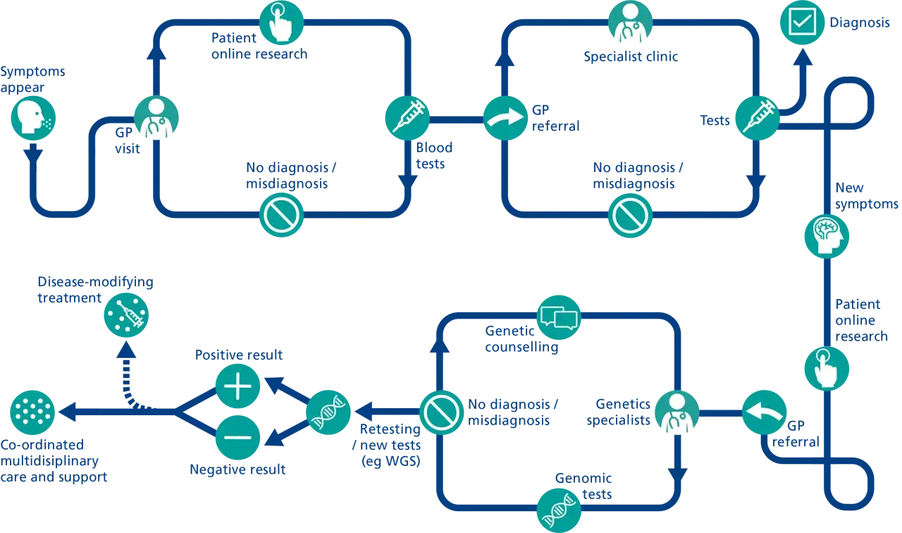Diagrama del camino diagnóstico para enfermedades genéticas raras: desde síntomas hasta tratamiento y apoyo multidisciplinar.