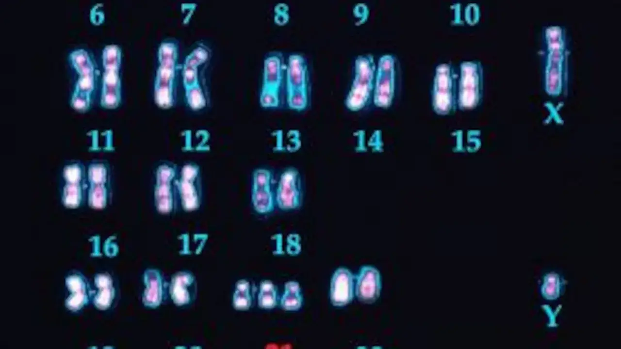 Cariotipo humano con 23 pares de cromosomas, incluyendo los sexuales X e Y. Se observan los cromosomas del 6 al 18, y el 21.