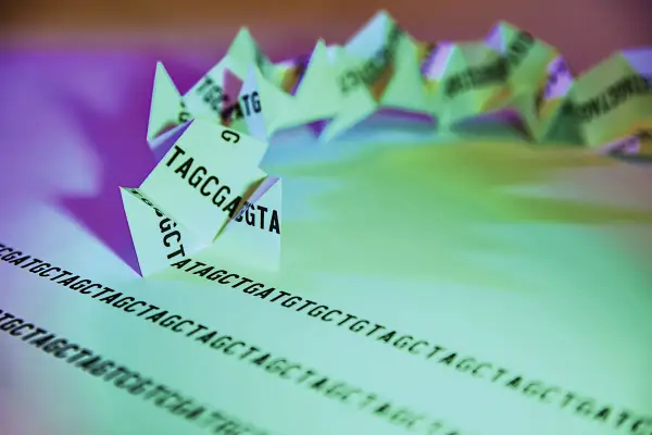 Secuencia de ADN plegada en forma de origami, representando el genotipo humano. Las letras A, T, C, G forman la cadena genética.